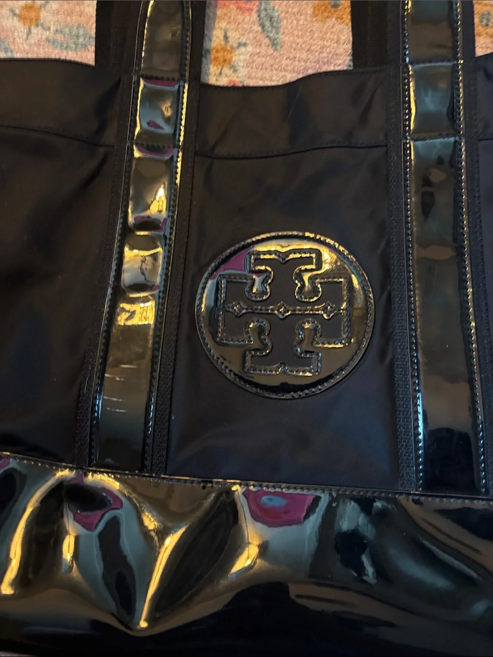 Tory Burch Black Tote with Patent Trim and Logo Medallion